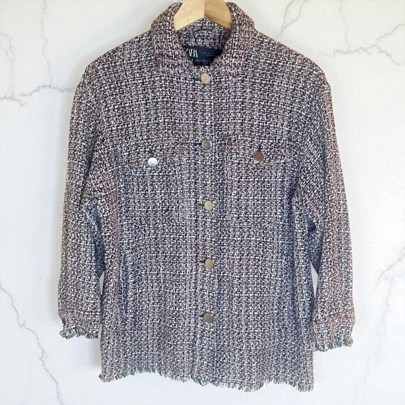 ZARA Tweed Jacket Shirt XS-S Academia Preppy Lagenlook Coquette Old Money - Picture 1 of 6